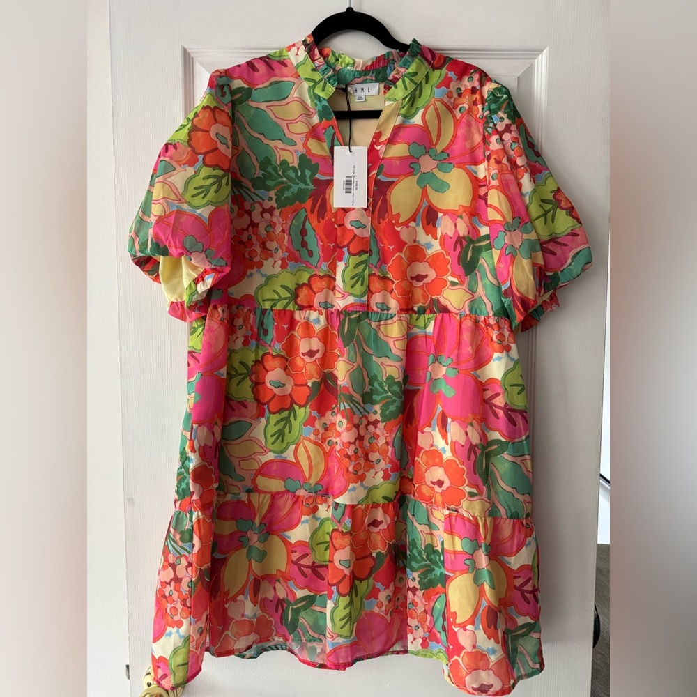 Red and Pink Oversized Tiered Midi Dress XL